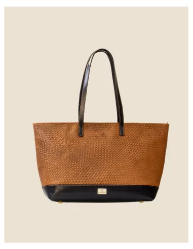 Borsa Artigianale in Vera pelle 100% Intrecciata in cognac e nero