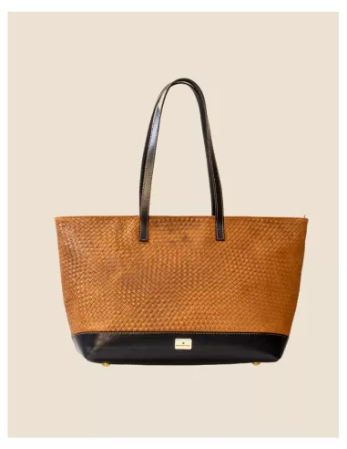 Borsa Artigianale in Vera pelle 100% Intrecciata in cognac e nero