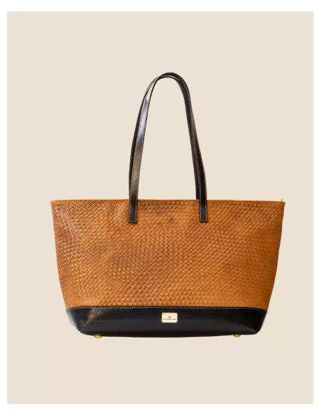 Borsa Artigianale in Vera pelle 100% Intrecciata in cognac e nero