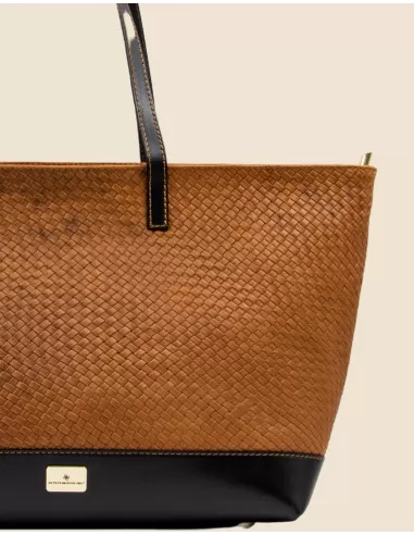 Borsa Artigianale in Vera pelle 100% Intrecciata in cognac e nero