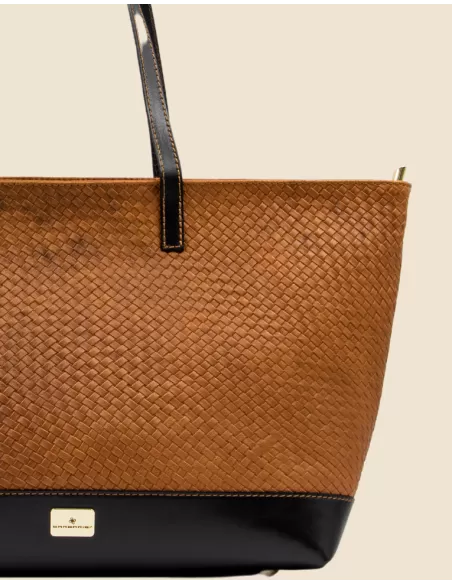Borsa Artigianale in Vera pelle 100% Intrecciata in cognac e nero