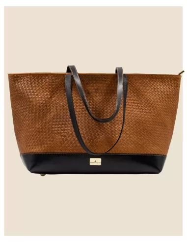 Borsa Artigianale in Vera pelle 100% Intrecciata in cognac e nero