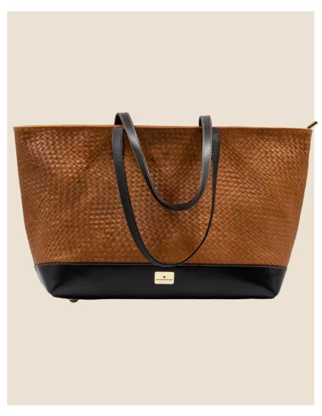 Borsa Artigianale in Vera pelle 100% Intrecciata in cognac e nero