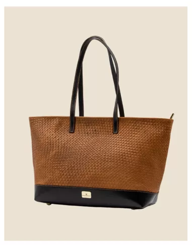 Borsa Artigianale in Vera pelle 100% Intrecciata in cognac e nero
