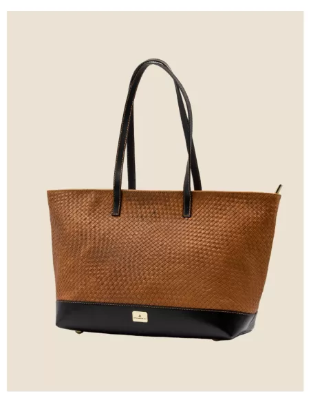 Borsa Artigianale in Vera pelle 100% Intrecciata in cognac e nero
